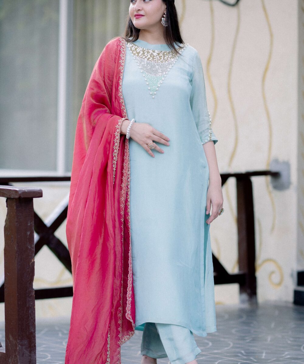 Tissue Dress Blue with pink dupatta - Image 3