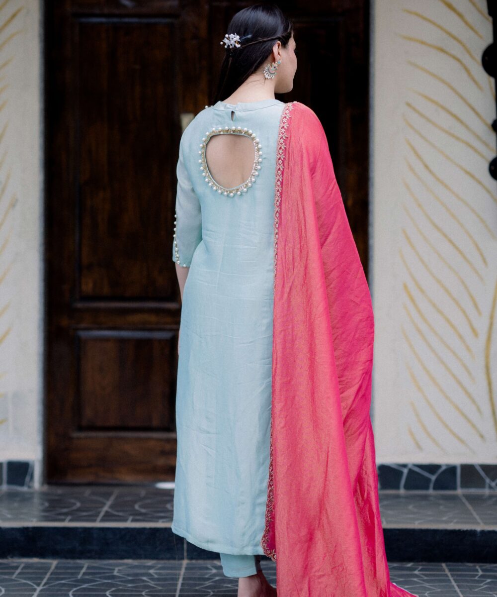 Tissue Dress Blue with pink dupatta - Image 4