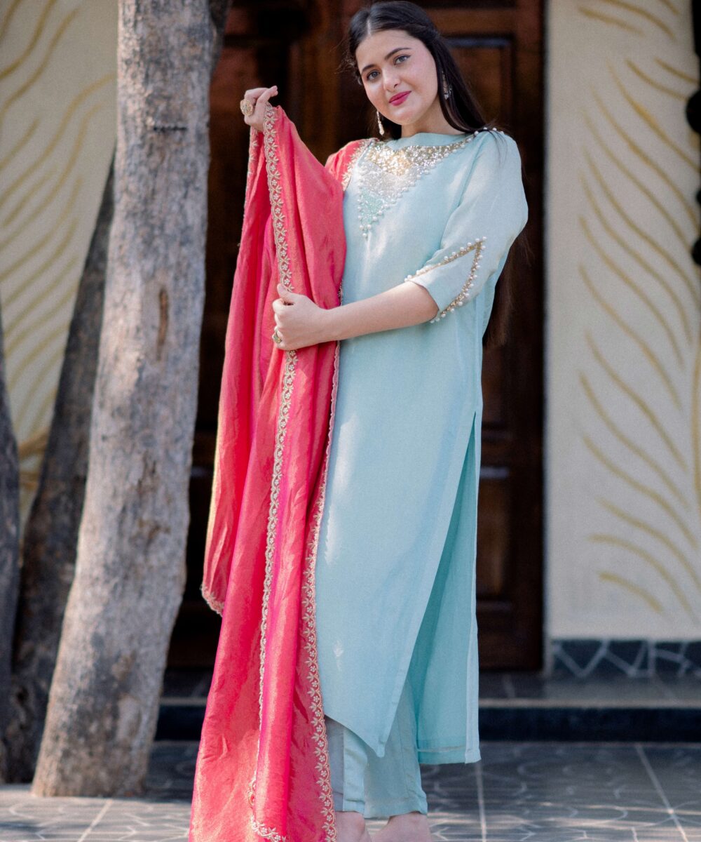 Tissue Dress Blue with pink dupatta - Image 6