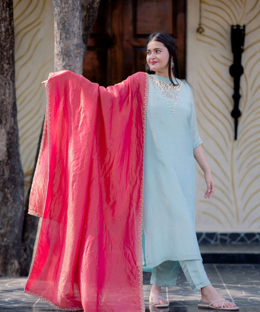 Tissue Dress Blue with pink dupatta - Image 5